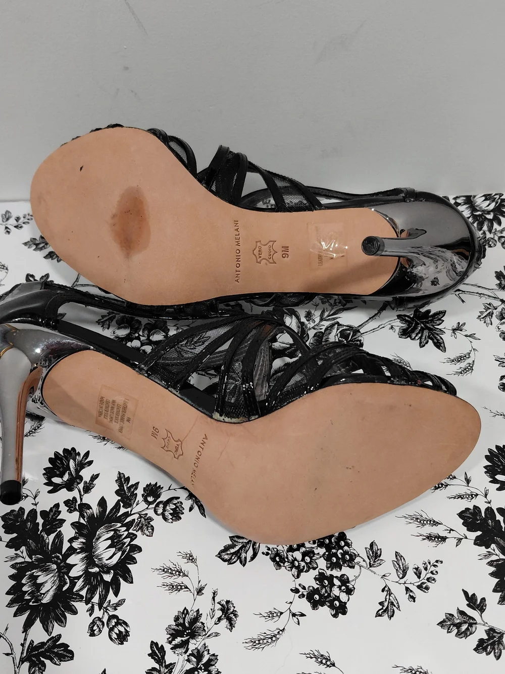 Antonio Melani Black Patent & Mesh Strappy Heels-Women's Size 9M
